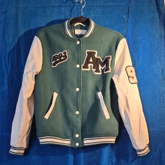 H&M Other - Green and Cream Varsity Letterman Jacket with AM Patch